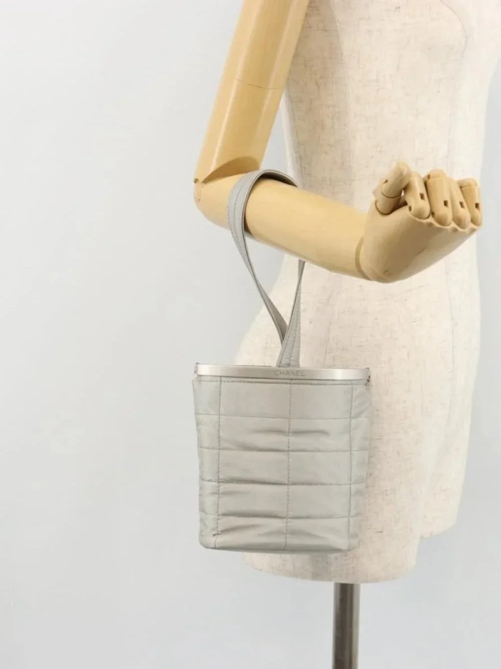 CHANEL Choco Bar Hand Pouch Nylon Silver CC Auth bs35353